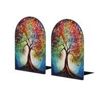 Sujetalibros de madera de árbol colorido para estantes, 1 par de sujetalibros de madera de árbol de pintura artística, soporte de libros de metal resistente, tapón decorativo para libros, para el