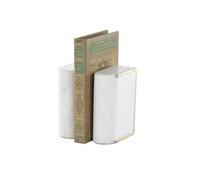 Sujetalibros De MáRmol 4" Curved Rectangular White Marble Bookends with Gold Accents Set of 2
