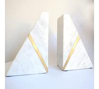 Sujetalibros de mármol Hecho a Mano de mármol Pesado Triangular decoración de estantería de latón con Incrustaciones de latón Juego de 2 sujetalibros Decorativos con Parte Inferior Antideslizante,