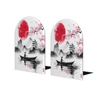 Sujetalibros de pintura japonesa artística para estantes, 1 par de sujetalibros de madera con pintura de paisaje de yandscape, soporte de libros de metal resistente, tapón decorativo para libros, para