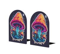 Sujetalibros de plantas abstractas de hongos tropicales coloridos para estantes, 1 par de sujetalibros de madera, soporte de metal resistente, tapón decorativo para libros, para el hogar, oficina