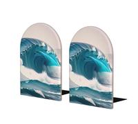 Sujetalibros grandes de madera con diseño de olas de mar azul de dibujos animados, accesorio decorativo moderno, sostiene libros de forma segura a sujetalibros, 1 par