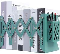 Sujetalibros, Soporte de Metal Retráctil para Libros Organizador de Escritorio Extensible Apoya Libros con un Portalápices para Biblioteca Escuela Oficina en el Hogar Oficina de Trabajo, Verde