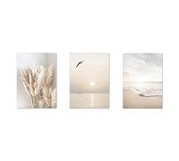 Sujurio 3 Piezas Beige Hierba Puesta de Sol Playa Lienzo Pintura Carteles NóRdicos e Impresiones Cuadros de Pared para DecoracióN de Sala de Estar