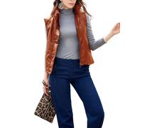 Sukany Chaleco casual de piel sintética para mujer, sin mangas, con cremallera suelta, elegante, cuello alto, chaleco de poliuretano, marrón, M