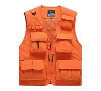 Sukany - Chaleco de hombre para ocio, trabajo al aire libre, safari, pesca, viaje, con múltiples bolsillos, chaleco de fotografía de malla, naranja, XXL