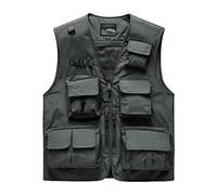 Sukany Chaleco de hombre para ocio, trabajo al aire libre, safari, pesca, viaje, con múltiples bolsillos, chaleco de fotografía de malla, gris, XL