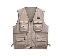 Sukany Chaleco de pesca de safari de algodón con múltiples bolsillos para hombre, chaleco utilitario para fotos, chaleco de viaje para periodistas, caza, senderismo, beige, L