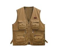 Sukany Chaleco de pesca de safari de algodón con múltiples bolsillos para hombre, chaleco utilitario para fotos, chaleco de viaje para periodistas, caza, senderismo, caqui, M