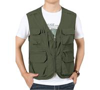 Sukany Chaleco de verano para hombre, estilo safari, pesca, viajes, trabajo, tiro, militar, ligero, sin mangas, chaleco de aventurero, con múltiples bolsillos, Ejercito Verde, L