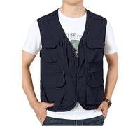 Sukany Chaleco de verano para hombre, estilo safari, pesca, viajes, trabajo, tiro, militar, ligero, sin mangas, chaleco de aventurero, con múltiples bolsillos, azul, XL