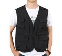 Sukany Chaleco de verano para hombre, estilo safari, pesca, viajes, trabajo, tiro, militar, ligero, sin mangas, chaleco de aventurero, con múltiples bolsillos, Negro, L