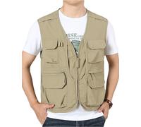 Sukany Chaleco de verano para hombre, estilo safari, pesca, viajes, trabajo, tiro, militar, ligero, sin mangas, chaleco de aventurero, con múltiples bolsillos, caqui, L