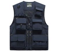 Sukany Chaleco para hombre de ocio, al aire libre, trabajo, safari, pesca, viaje, con múltiples bolsillos, de malla, para fotografía, azul, XL