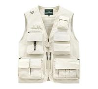 Sukany Chaleco para hombre de ocio, trabajo al aire libre, safari, pesca, viaje, con múltiples bolsillos, chaleco de fotografía de malla, beige, S