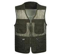 Sukany Chaleco utilitario de verano para hombre, de malla, para actividades al aire libre, trabajo, fotografía, viajes, senderismo, múltiples bolsillos, Verde militar oscuro (grisáceo), XL