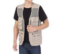 Sukany Chaleco utilitario de verano para hombre, de malla, para actividades al aire libre, trabajo, fotografía, viajes, senderismo, múltiples bolsillos, caqui, L