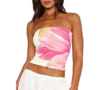 Sukiglam Camiseta Sin Mangas para Mujer Verano Camisetas de Flores Bandeau Tops Sin Tirantes Corta de Tubo Top Fiesta Sexy Y2k Sin Espalda Blusas Casual Camisola Shirt Hombros Descubiertos