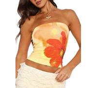 Sukiglam Camiseta Sin Mangas para Mujer Verano Camisetas de Flores Bandeau Tops Sin Tirantes Corta de Tubo Top Fiesta Sexy Y2k Sin Espalda Blusas Casual Camisola Shirt Hombros Descubiertos