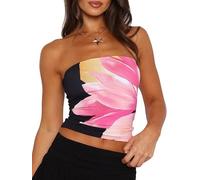 Sukiglam Camiseta Sin Mangas para Mujer Verano Camisetas de Flores Bandeau Tops Sin Tirantes Corta de Tubo Top Fiesta Sexy Y2k Sin Espalda Blusas Casual Camisola Shirt Hombros Descubiertos