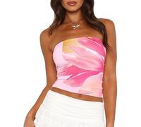 Sukiglam Camiseta Sin Mangas para Mujer Verano Camisetas de Flores Bandeau Tops Sin Tirantes Corta de Tubo Top Fiesta Sexy Y2k Sin Espalda Blusas Casual Camisola Shirt Hombros Descubiertos