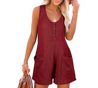 Sukiglam Mono Mujer Verano Sin Mangas Cuello en V Jumpsuit Corto Casual Sueltos Jumpsuit Petos Elegante Pierna Ancha Monos Tapeta de Botones Una Pieza Monos Pantalon con Bolsillos Playa Playsuit