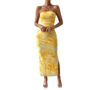 Sukiglam Mujer Vestido Largo Ajustado Sexy Tie Dye Vestidos de Tubo Elegante sin Mangas Maxi Vestido sin Tirantes de Fiesta Verano Fruncido Vestidos con Abertura para Cóctel Boda Invitada Noche Club