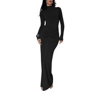 Sukiglam Vestido Ajustado de Mujer Manga Larga Cuello Alto Elegante Vestidos Largo con Fruncido Sexy Vestidos Elástico Casual Bodycon Dress Color Sólido Maxi Vestido de Fiesta Cóctel Boda Streetwear