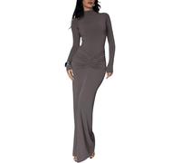 Sukiglam Vestido Ajustado de Mujer Manga Larga Cuello Alto Elegante Vestidos Largo con Fruncido Sexy Vestidos Elástico Casual Bodycon Dress Color Sólido Maxi Vestido de Fiesta Cóctel Boda Streetwear