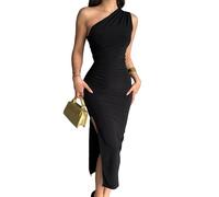Sukiglam Vestido Mujer Sexy Asimétrico Un Solo Hombro Vestidos Largo Ajustado Elegante sin Mangas Maxi Vestido con Abertura Verano Casual Bodycon Vestidos Fruncido de Fiesta Cóctel Noche Clubwear