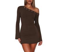 Sukiglam Vestidos de Fiesta Mujer Elegantes Minivestido Manga Larga Acampanada con Un Hombro Asimétrico Casual Vestido Ajustado Otoño Invierno Sexy Vestidos Corto para Noche Salir Cóctel Clubwear