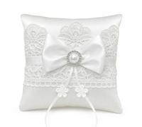 Sukizifa cojín de Anillos de Boda, Encaje Blanco 15 × 15 cm | Porta anillos de boda de tela suave con encaje y cinta de satén, para ceremonia, registro civil y compromiso, 1 unidad