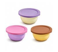 Sukizifa Recipiente de Acero Inoxidable con Tapa, 3 fiambreras 200 ml | Boles redondos de acero inox., crema/lila/amarillo, con tapas de colores, para snacks/yogur/helado/cocina/viaje, 3 uds.
