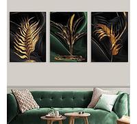SUKPDJO Juego de 3 pósteres negros y dorados con flores vegetales, lienzo dorado, cuadros abstractos en negro y dorado, imágenes decorativas para salón, lienzo decorativo para pared sin marco (50 x 70