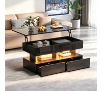 SUKY 100 x 50 x 46 cm Mesa de centro elevable con tablero de altura ajustable y espacio de almacenamiento oculto, mesa auxiliar de alto brillo, mesa de café con 2 cajones, color negro, MDF, acrílico