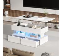 SUKY 100 x 50 x 46 cm Mesa de centro elevable con tablero de altura ajustable y espacio de almacenamiento oculto, mesa auxiliar de alto brillo, mesa de café con 2 cajones, color blanco, MDF, acrílico
