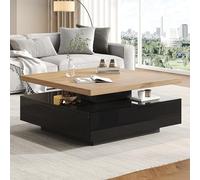 SUKY Cajón de café cuadrado multifuncional giratorio de 360°, alto brillo, mesa de 2 niveles y armario de almacenamiento, mesa auxiliar para salón, color madera natural + negro, nogal