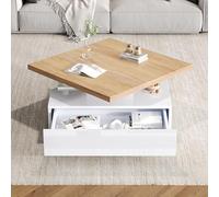 SUKY Cajón de café cuadrado multifuncional giratorio de 360°, alto brillo, mesa de 2 niveles y armario de almacenamiento, mesa auxiliar de salón, color blanco nogal