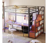 SUKY Cama alta de metal, cama superior de 140 x 200 cm y cama inferior de 90 x 200, cama multifunción con escritorio, LED, con enchufes, espacio de almacenamiento abierto y cajones de tela (negro)