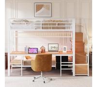 SUKY Cama alta de metal, cama superior de 140 x 200 cm y cama inferior de 90 x 200, cama multifunción con escritorio, LED, con enchufes, espacio de almacenamiento abierto y cajones de tela (blanco)