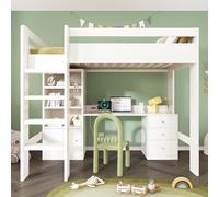SUKY Cama alta para niños, 90 x 200 cm, con escritorio USB-C, armario y archivador, cama individual con escalera y somier, espacio de almacenamiento, sin colchón