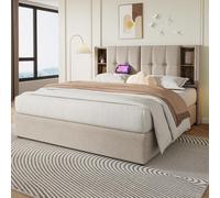 SUKY Cama tapizada con espacio de almacenamiento, somier de láminas de madera, cama de matrimonio de 180 x 200 cm, lino natural