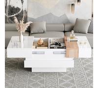 SUKY Mesa auxiliar de alto brillo 70 x 70 x 39 cm con tablero extensible, mesa auxiliar, mesa de centro cuadrada con espacio de almacenamiento oculto y separadores, color blanco + color primario
