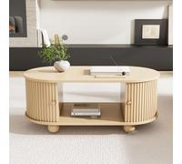 SUKY Mesa de centro ovalada de 100 x 50 x 40 cm con espacio de almacenamiento y puertas correderas, muebles multifuncionales que ahorran espacio en color madera, MDF
