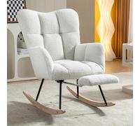 SUKY Nouvelle Chaise Berçante Rembourrée En Tissu Teddy Tissée Avec Repose-Pieds Escamotable, 70 x 123 x 98.5 cm, Blanche