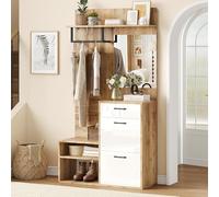 SUKY Perchero con espejo, 100 x 38,5 x 190 cm, zapatero, armario para pasillo, con 1 cajón y 2 percheros, mucho espacio de almacenamiento, color blanco