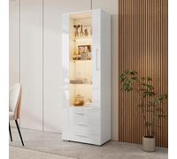 SUKY Vitrina de cristal brillante, vitrina con iluminación LED, vitrina vertical con 3 cajones, 60 x 35 x 180 cm (blanco)