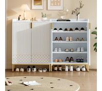 SUKY Zapatero moderno blanco 75 x 37 x 105 cm con patas de metal doradas, armario de almacenamiento con puertas doradas (2)