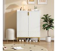 SUKY Zapatero moderno blanco de 75 x 37 x 105 cm con patas de metal doradas, armario de almacenamiento con puertas doradas (1)