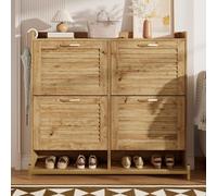 SUKY Zapatero moderno con puertas de listones de madera, 108,5 × 24 × 100 cm, armario de pasillo con 4 puertas, marco de metal y estante, organizador de zapatos que ahorra espacio para entrada